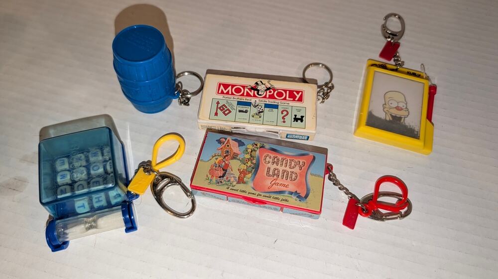 Lot 5 Vintage Mini Board Game Keychains Boggle Candyland Barrel Monkeys